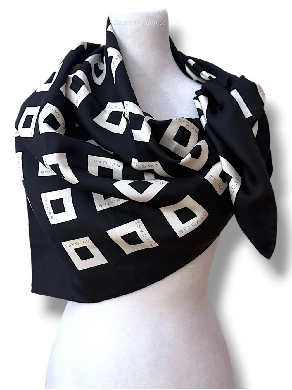 BVLGARI Vintage Quadrato Silk Scarf Black Cream Copper Geometric Square 90cm